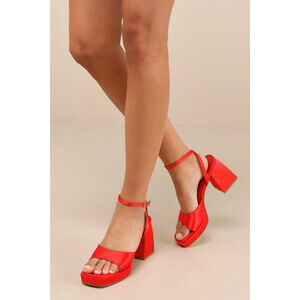 Lulus Shirine Red Satin Platform Ankle Strap Heels - Size 6